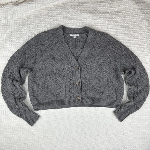Madewell Cardigan S Cable Knit Cropped Wool Blend Gray Silver Fisherman Preppy - Picture 6 of 16
